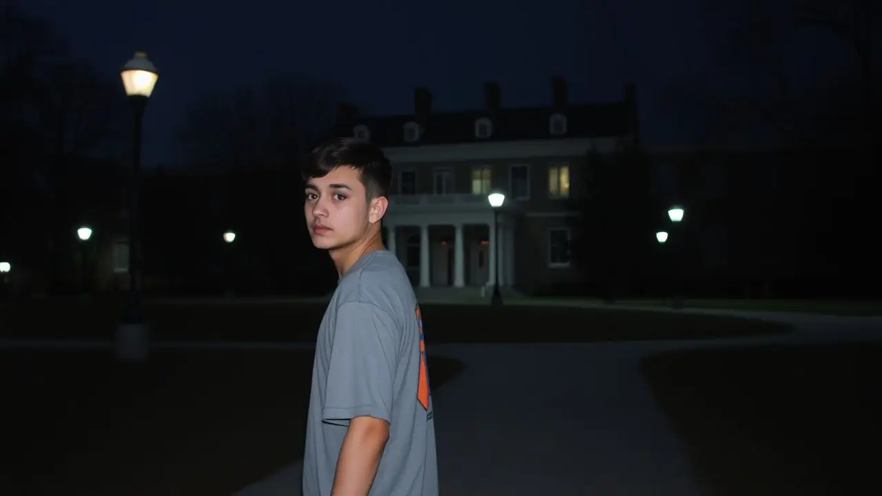 A person walks alone on a dimly lit college campus at night. A person walks alone on a dimly lit college campus at night.
