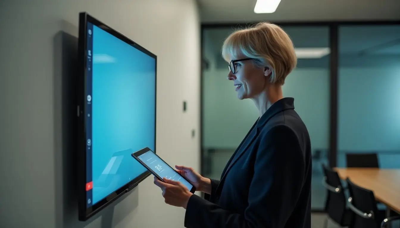 A woman setting up a digital tablet in a modern meeting room. A woman setting up a digital tablet in a modern meeting room.