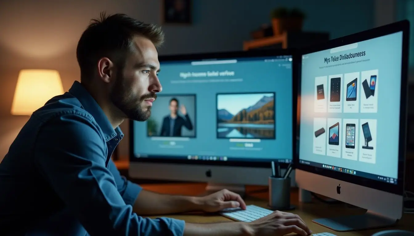 A gym owner compares digital signage hardware options in his office. A gym owner compares digital signage hardware options in his office.