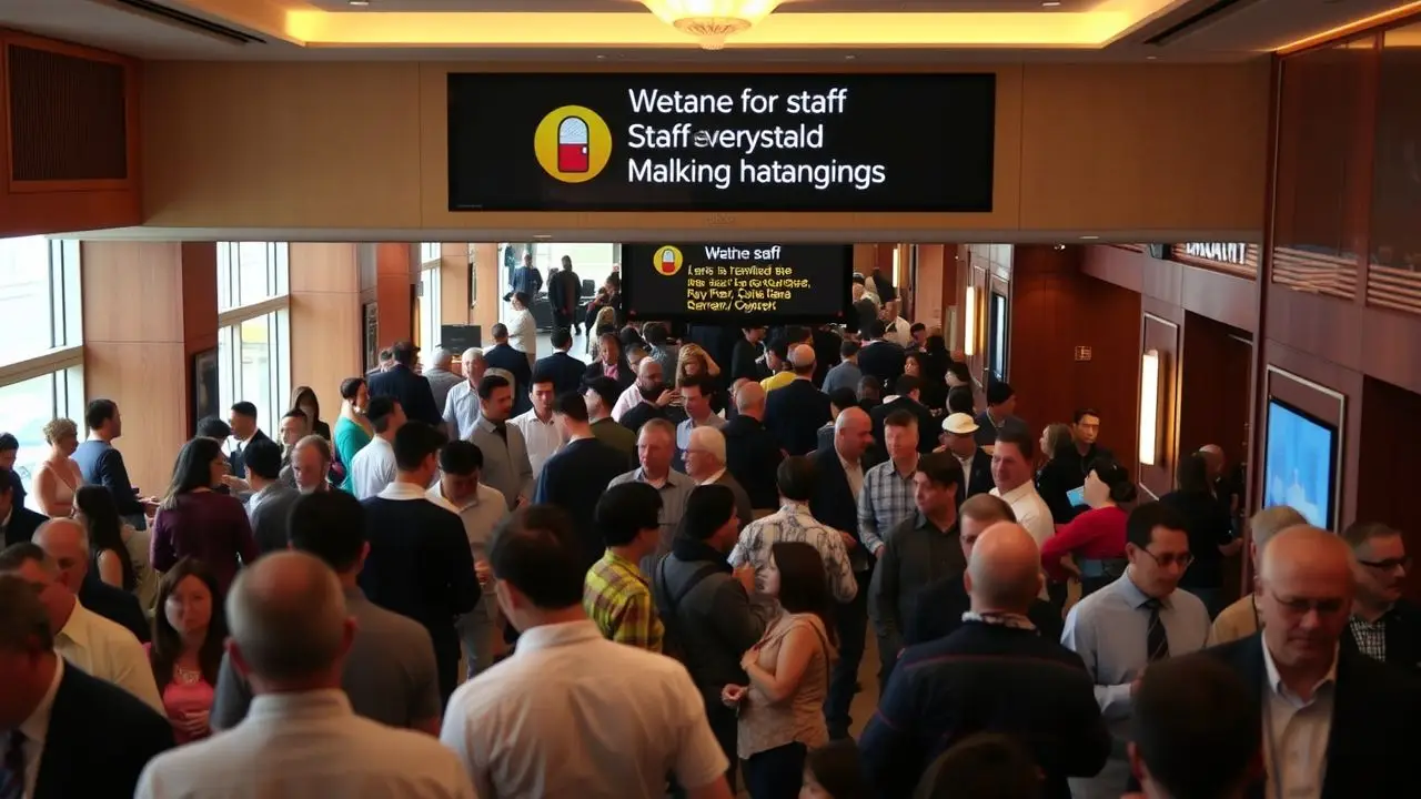 A crowded hotel lobby with a digital sign. A crowded hotel lobby with a digital sign.