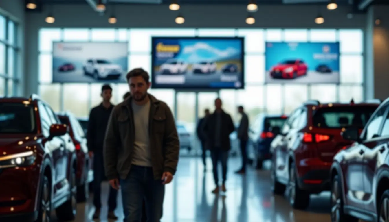 A busy car dealership showroom with digital screens and customers browsing. A busy car dealership showroom with digital screens and customers browsing.
