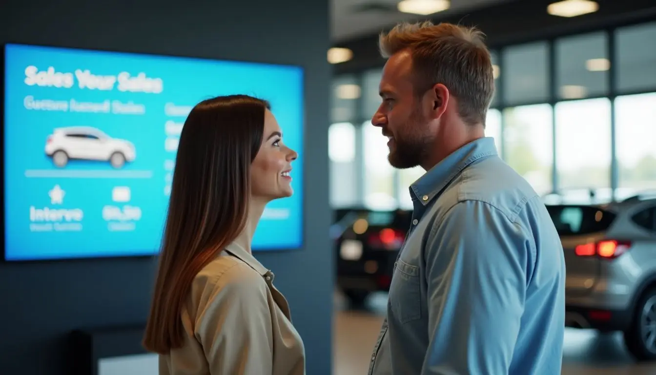 A couple in their 40s looking impressed at a car dealership digital display. A couple in their 40s looking impressed at a car dealership digital display.