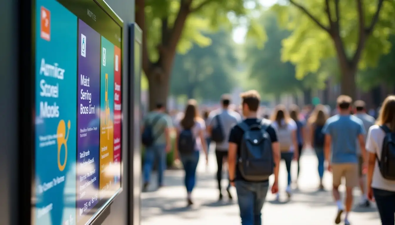 A digital display in a college campus quad shows announcements and events. A digital display in a college campus quad shows announcements and events.