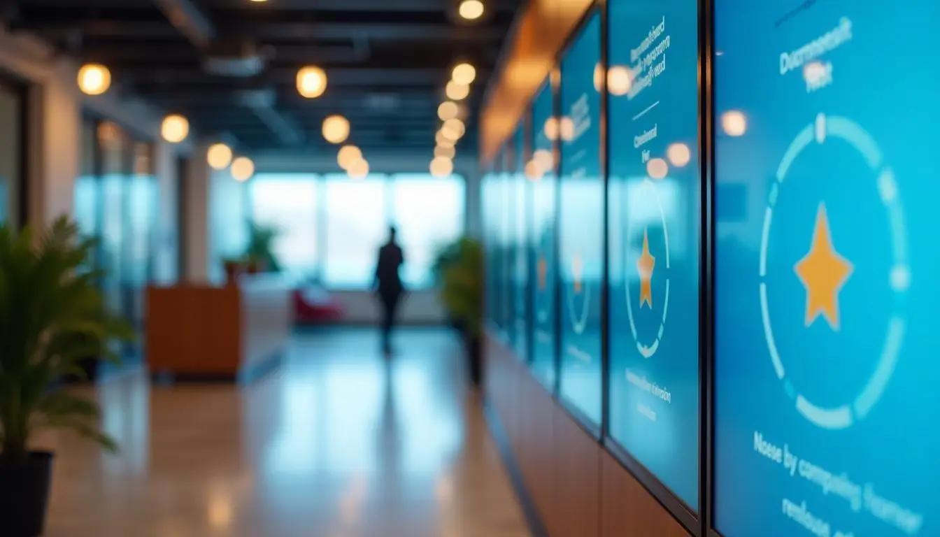 A modern office lobby featuring digital screens promoting company culture.