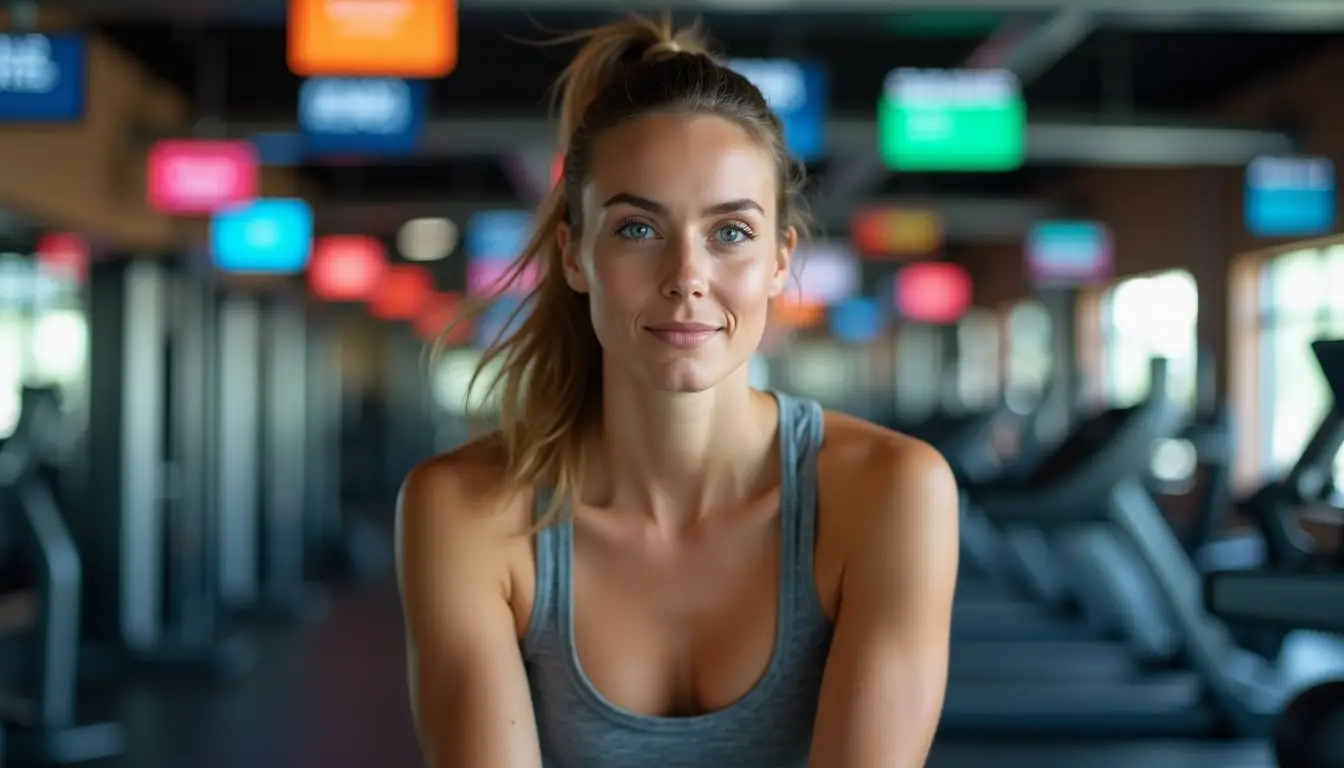 A woman in her 30s exercises in a colorful gym.