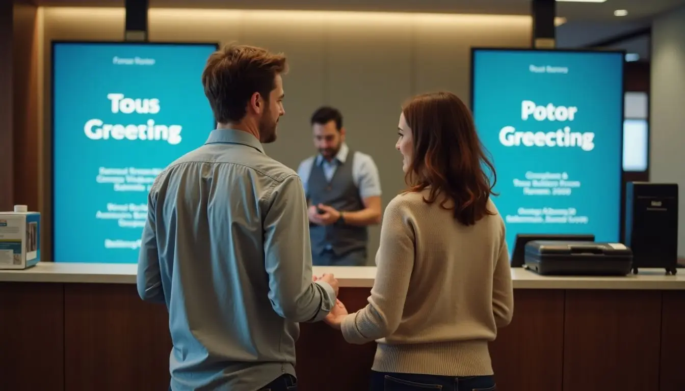 A couple checking into a modern hotel lobby with digital signs. A couple checking into a modern hotel lobby with digital signs.