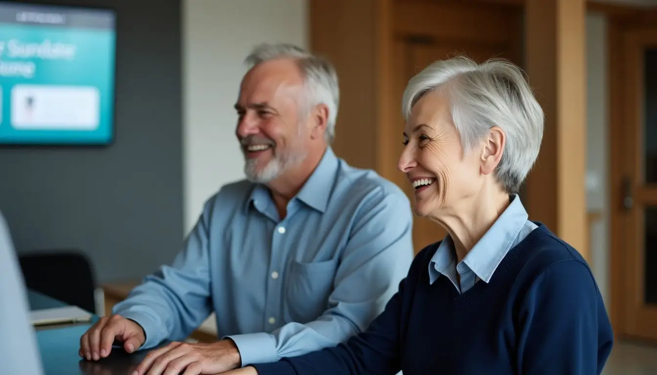 Elderly couple checking out at hotel reception desk.