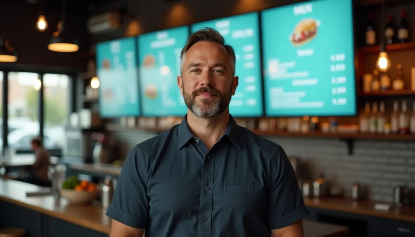 A restaurant owner is showcasing a modern digital menu board. A restaurant owner is showcasing a modern digital menu board.