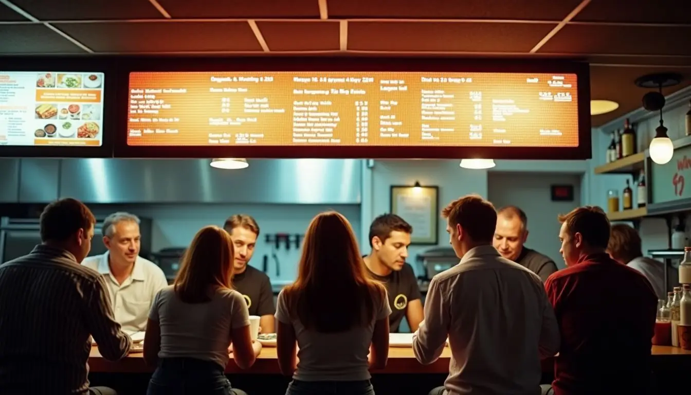 A busy restaurant with a lively atmosphere and diverse customers. A busy restaurant with a lively atmosphere and diverse customers.