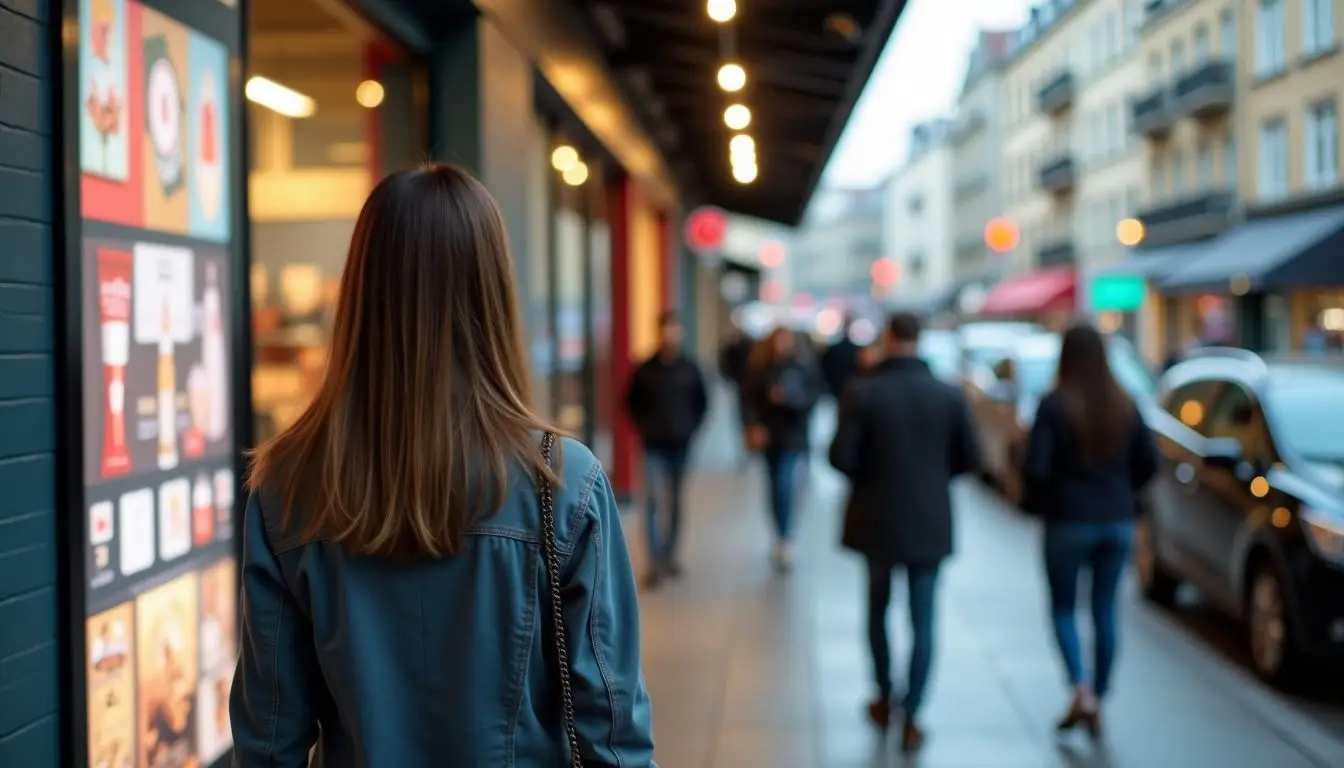 A woman walking into a retail store with a digital sign.