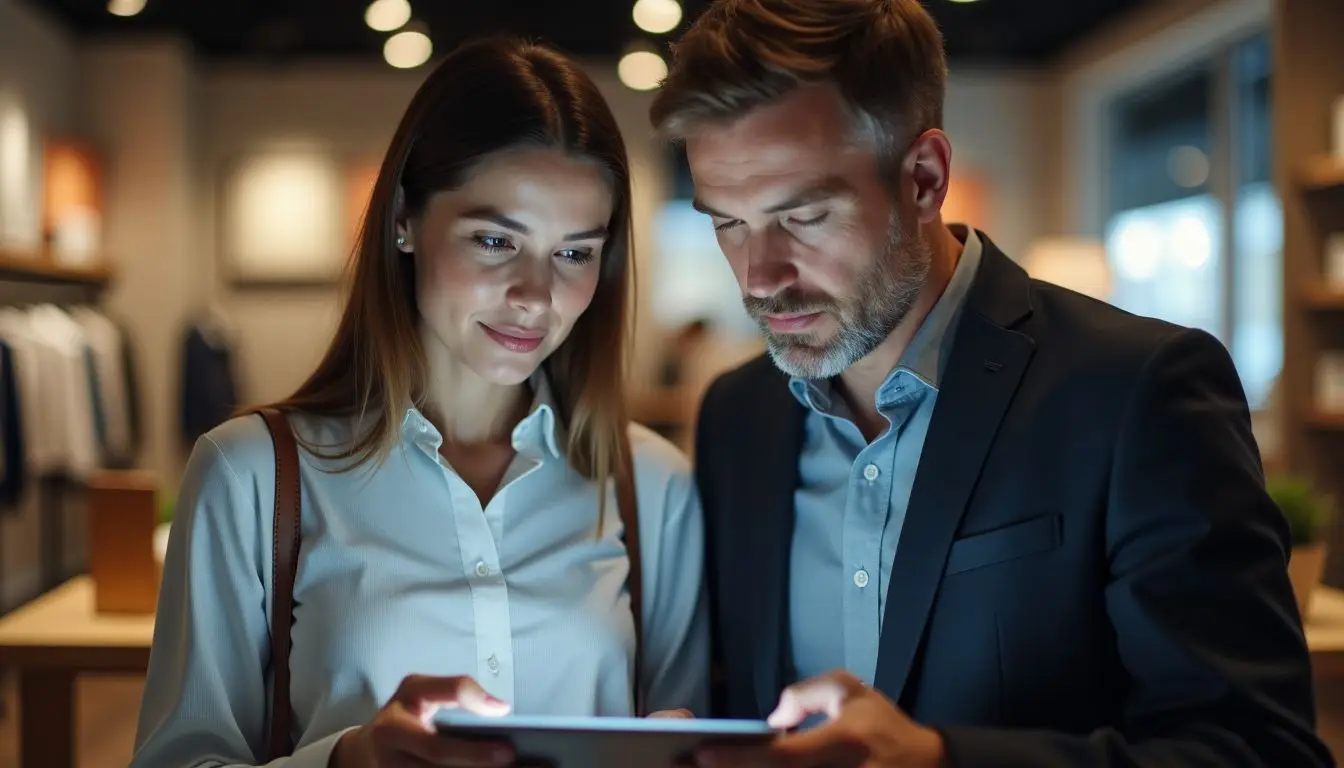 A middle-aged couple looking at a digital display in a retail store. A middle-aged couple looking at a digital display in a retail store.