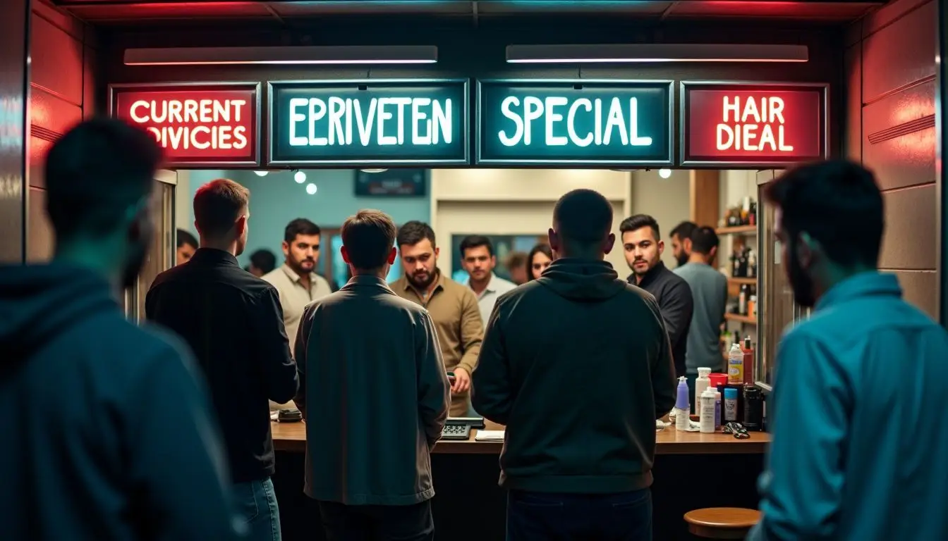 A bustling urban barber shop with a diverse customer base. A bustling urban barber shop with a diverse customer base.