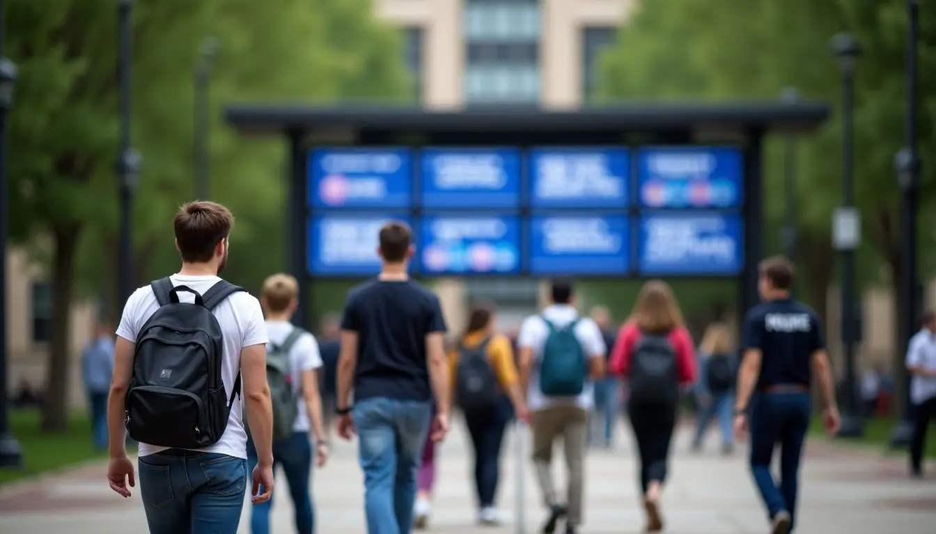 A university campus with students and security personnel near a digital sign. A university campus with students and security personnel near a digital sign.