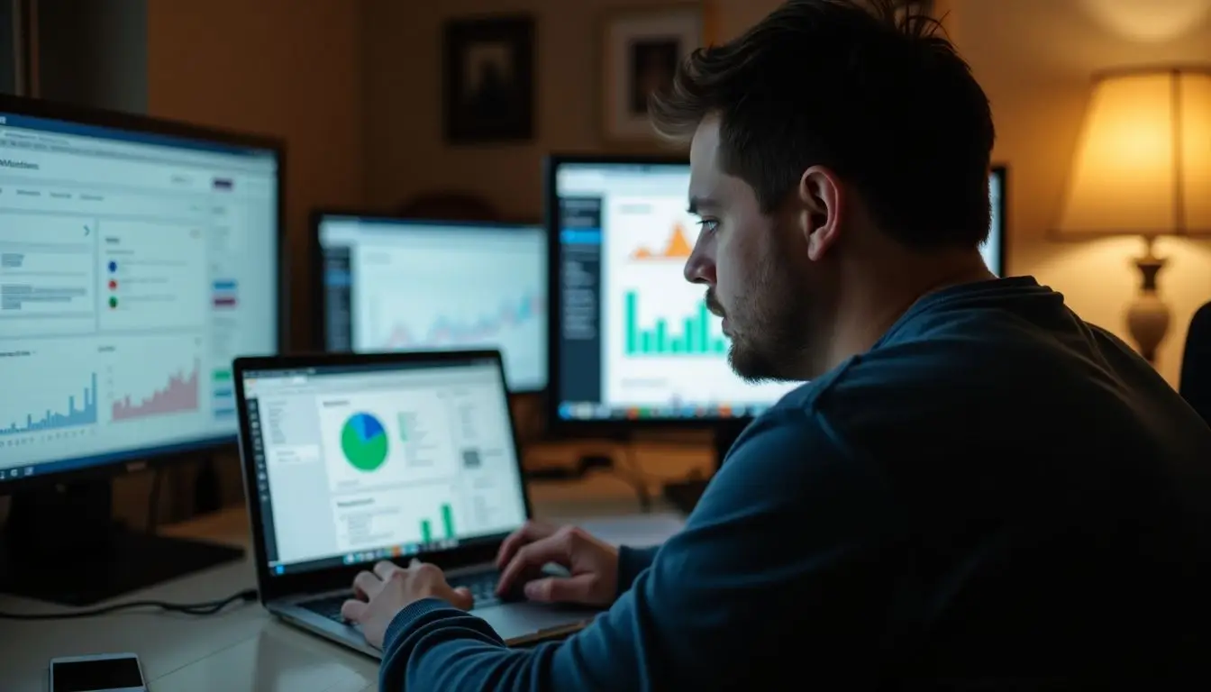 A person working on a laptop in a cozy home office. A person working on a laptop in a cozy home office.