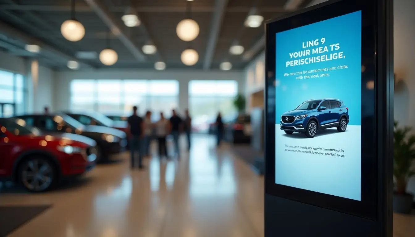 A car dealership showroom displays new car model and customer testimonials. A car dealership showroom displays new car model and customer testimonials.