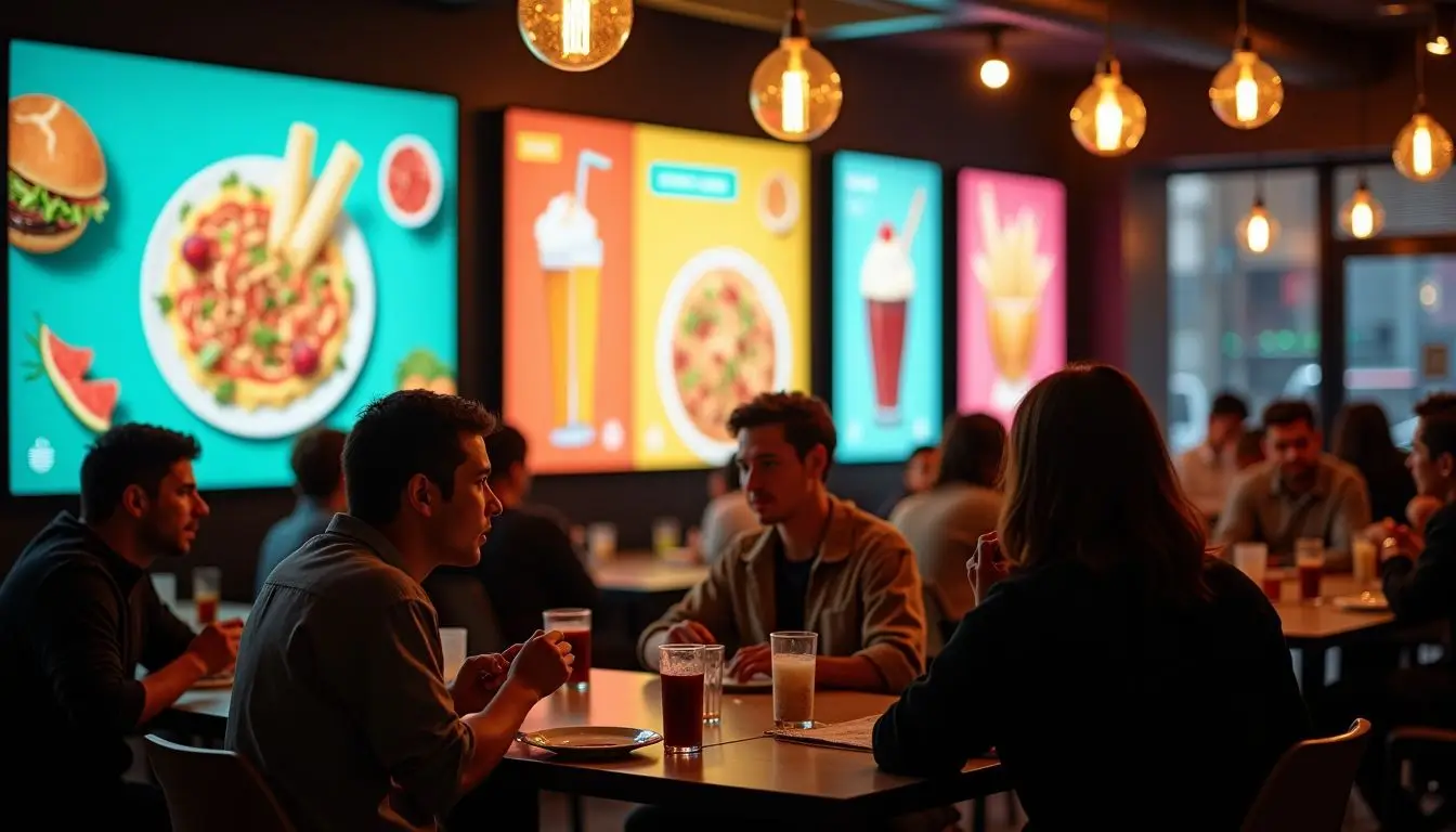 A busy restaurant with vibrant digital menus and lively atmosphere. A busy restaurant with vibrant digital menus and lively atmosphere.