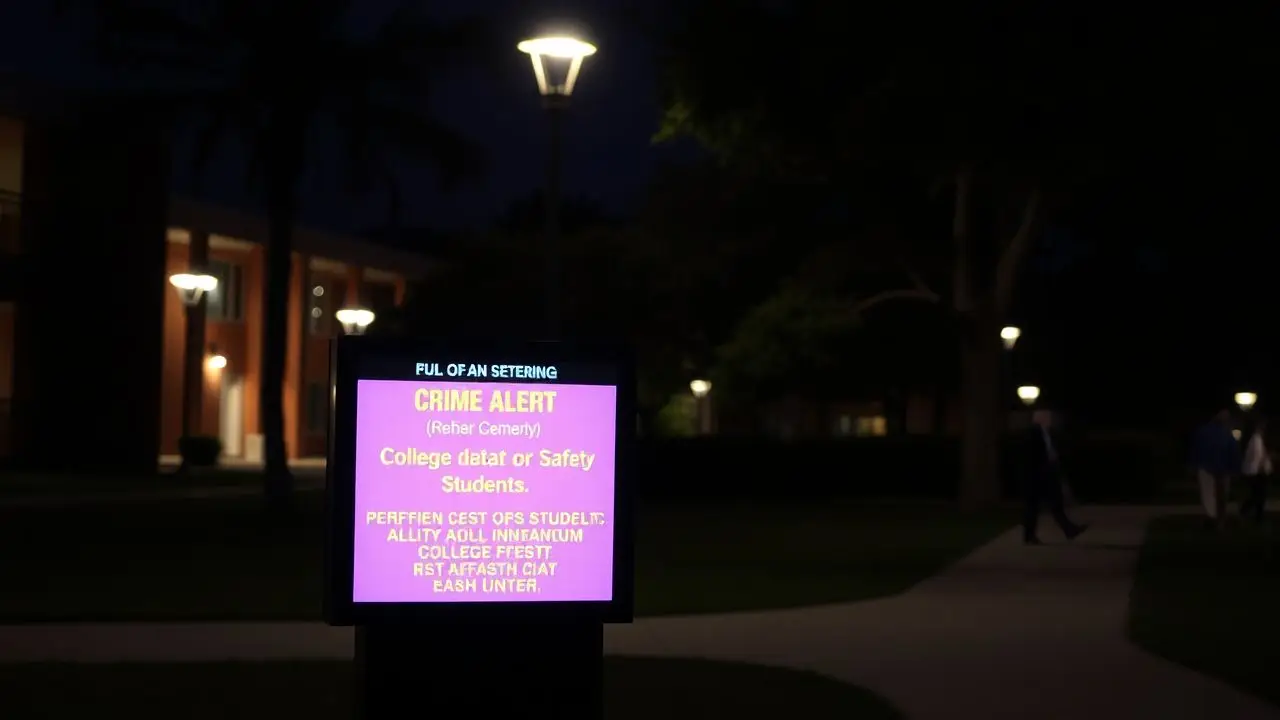A college campus at night with a digital crime alert sign. A college campus at night with a digital crime alert sign.