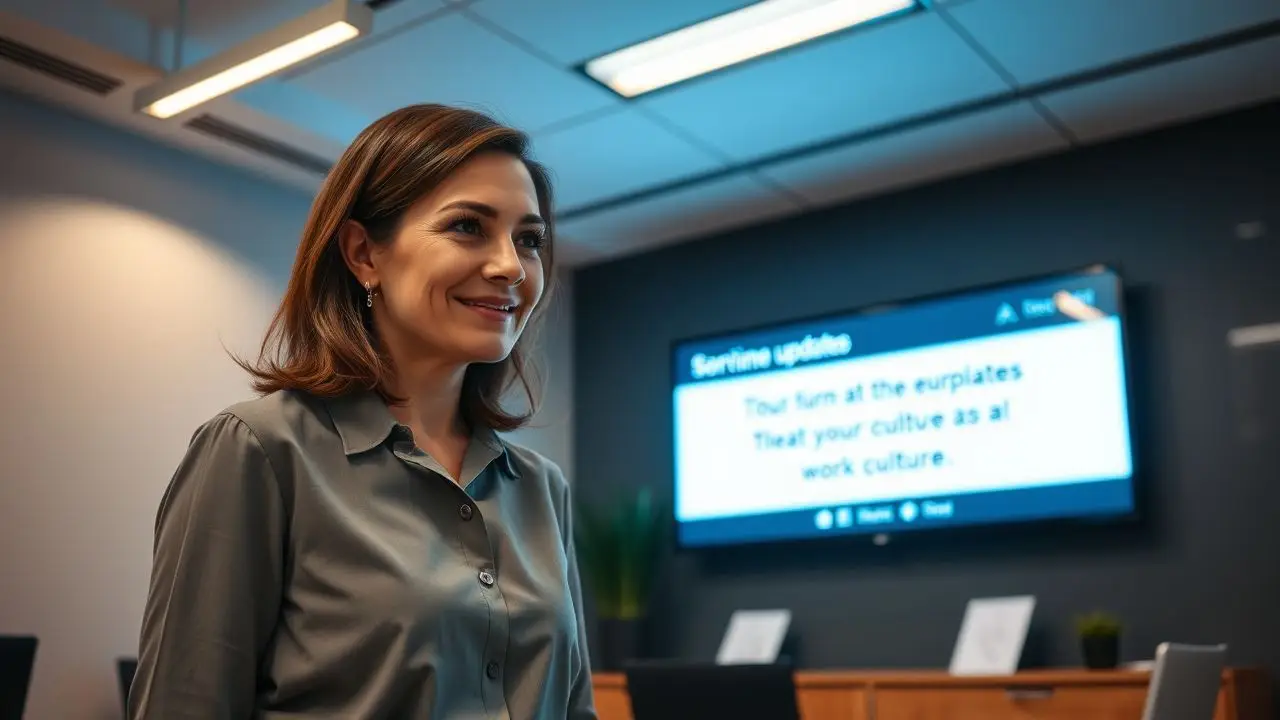 A woman in a casual office space looks at a digital sign.