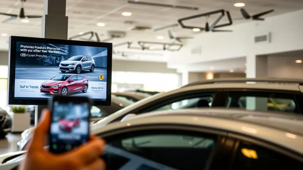 A digital signage display in a car dealership showcases vehicle features. A digital signage display in a car dealership showcases vehicle features.