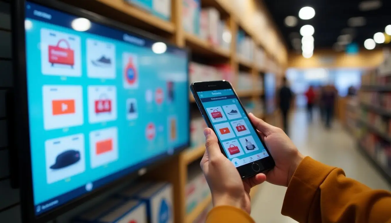 Interactive digital display in retail store featuring colorful product information.