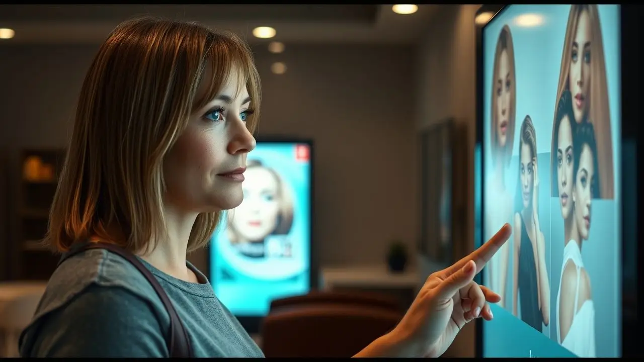 A woman interacting with a digital signage in a beauty salon. A woman interacting with a digital signage in a beauty salon.