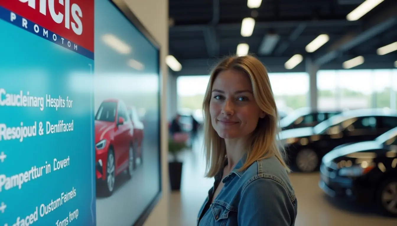 A woman standing in front of a digital signage display at a car dealership. A woman standing in front of a digital signage display at a car dealership.