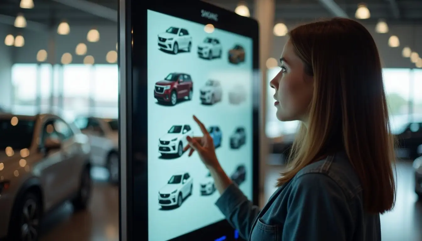 A woman is browsing cars at a dealership using a digital kiosk. A woman is browsing cars at a dealership using a digital kiosk.