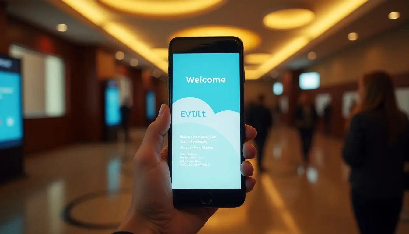 A hotel lobby digital display with event schedule and guest promotions.