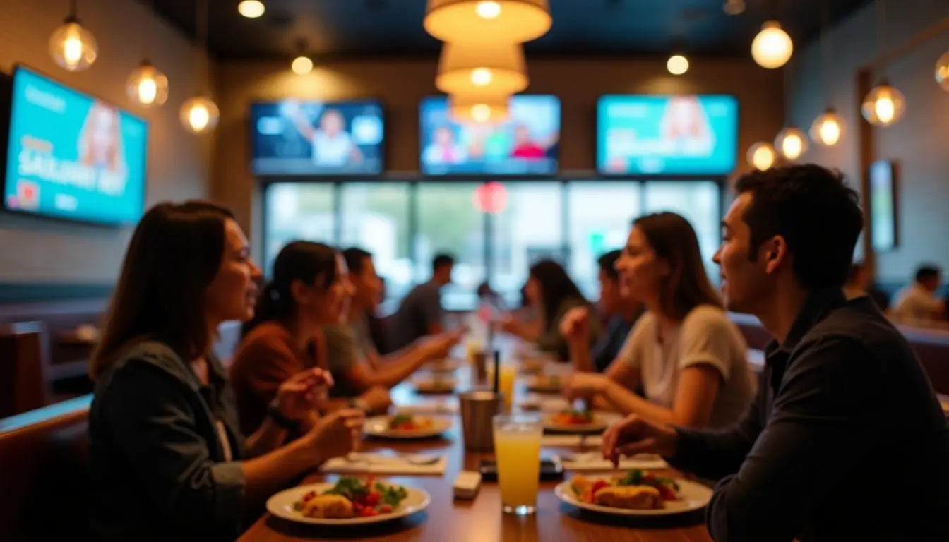 A casual restaurant interior with digital screens and diverse patrons. A casual restaurant interior with digital screens and diverse patrons.
