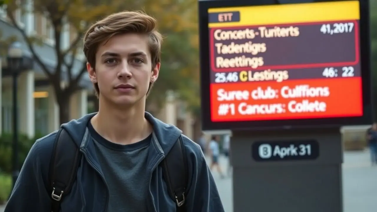 A college student walks past a digital display showing upcoming events. A college student walks past a digital display showing upcoming events.