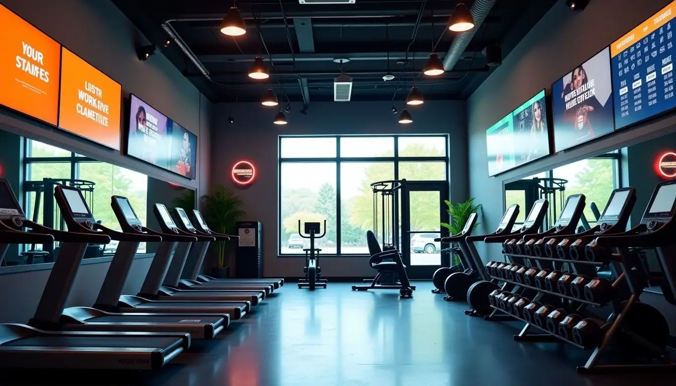 A modern gym with digital screens and bright signage. A modern gym with digital screens and bright signage.