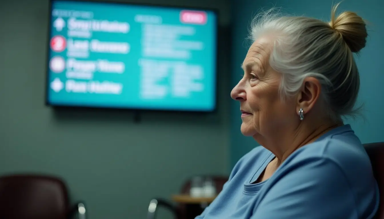 Elderly woman sitting in an emergency room, looking at digital sign.