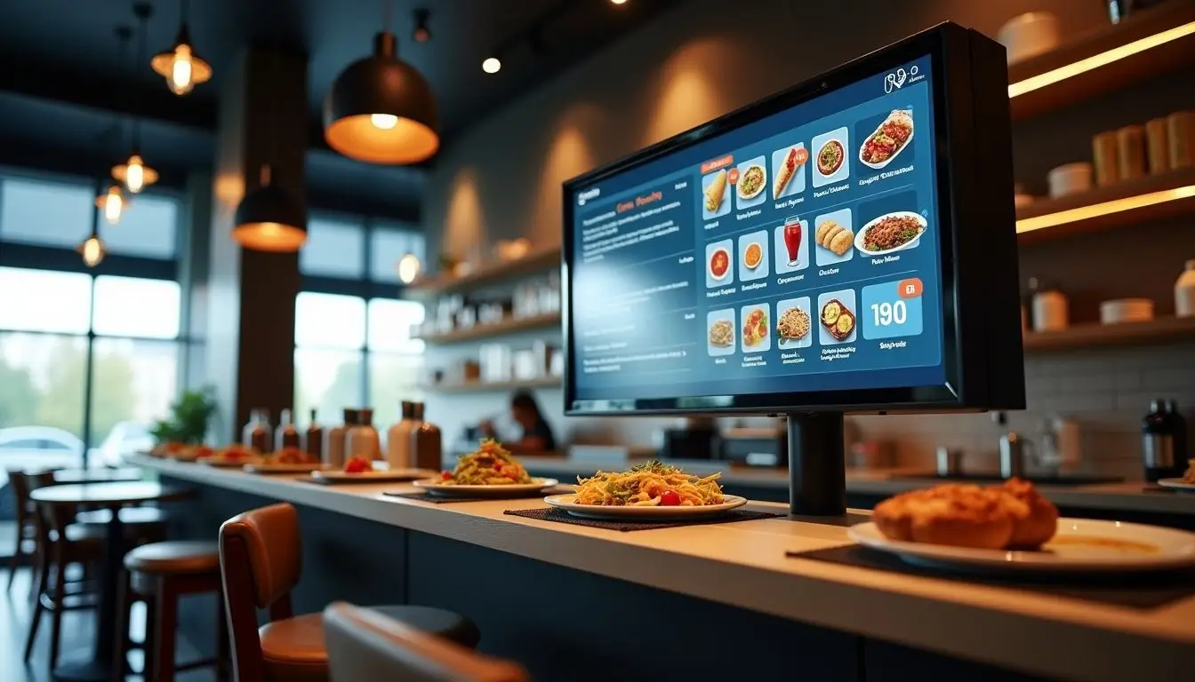 A modern restaurant with a futuristic digital menu board. A modern restaurant with a futuristic digital menu board.