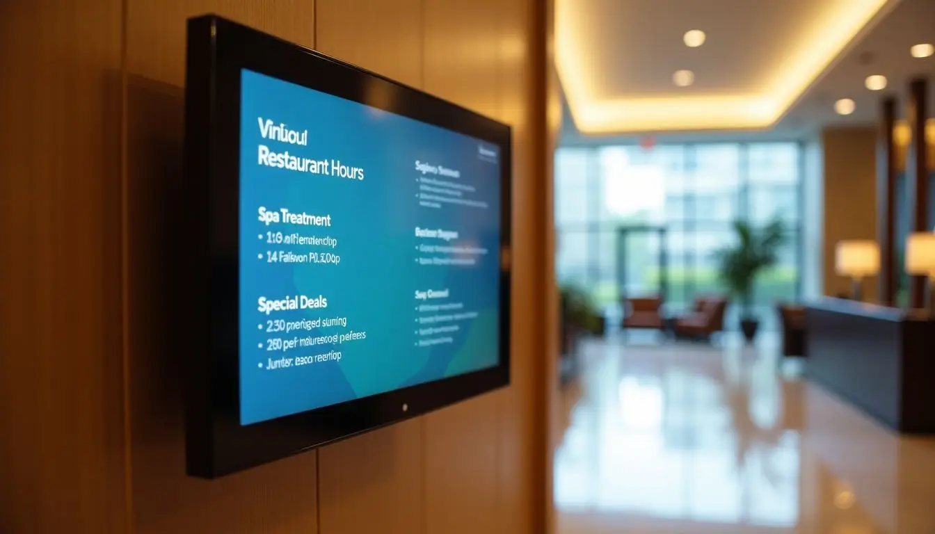 A hotel lobby with modern digital signage displaying amenities and deals. A hotel lobby with modern digital signage displaying amenities and deals.