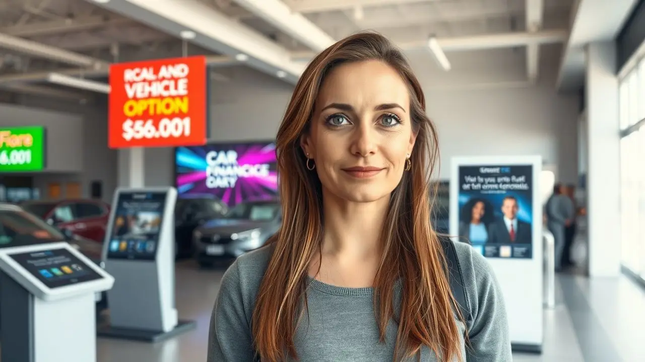 A woman in a car dealership showroom with modern design elements. A woman in a car dealership showroom with modern design elements.