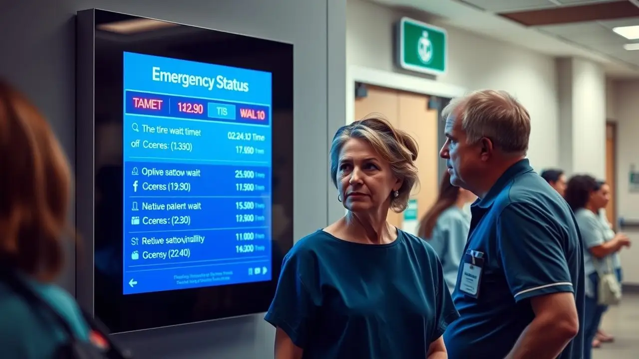 A digital signage screen in a hospital emergency room displaying real-time wait times and patient updates.