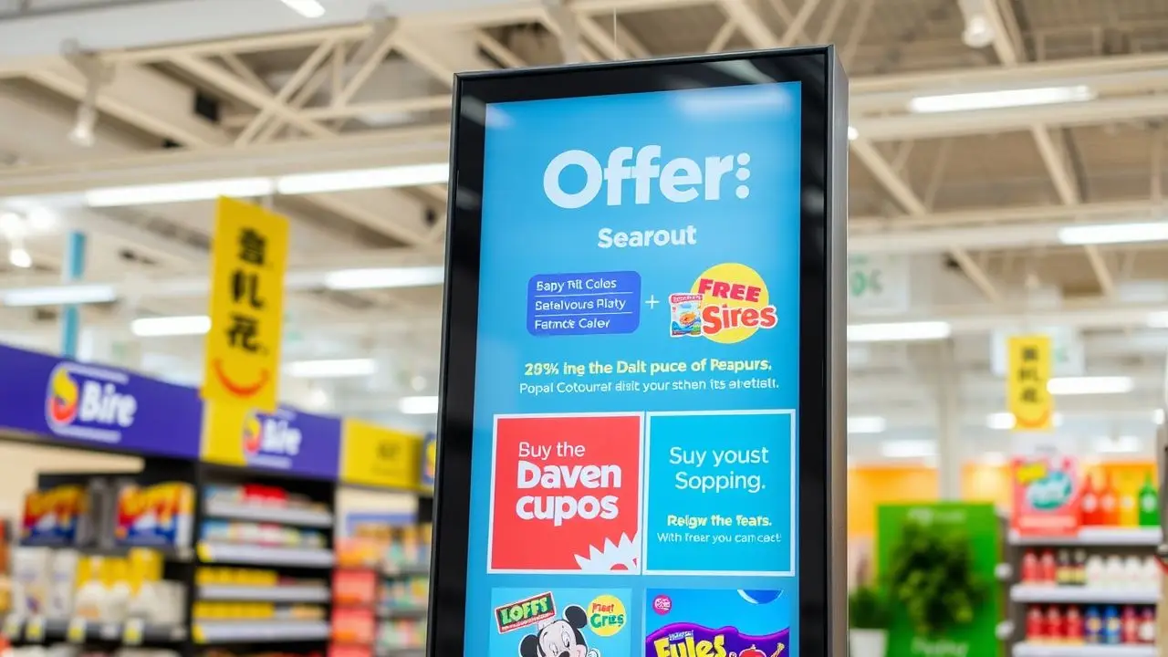 A digital sign in a store displays colorful offers and promotions. A digital sign in a store displays colorful offers and promotions.