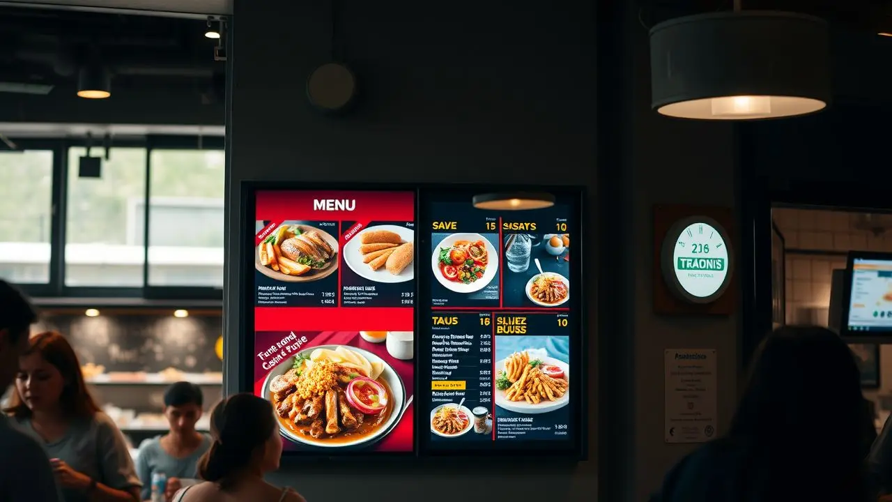 A digital menu board in a busy restaurant featuring colorful dishes. A digital menu board in a busy restaurant featuring colorful dishes.