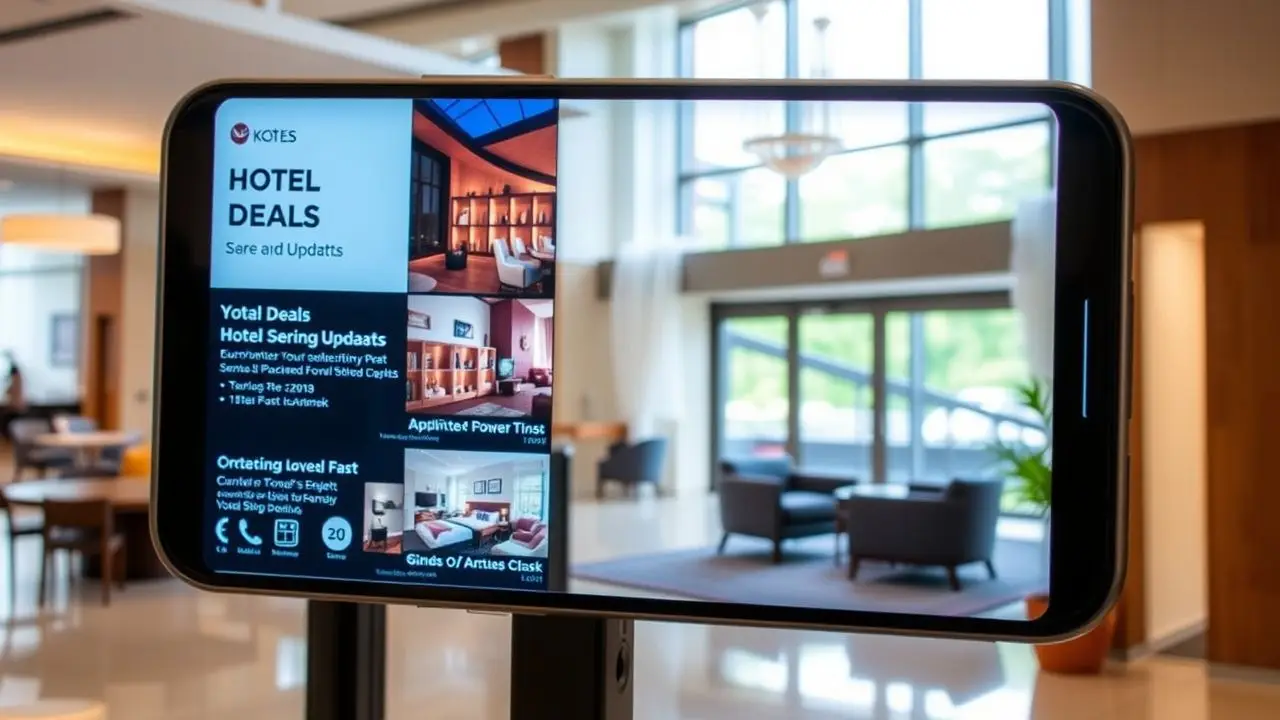 A digital signage screen in a modern hotel lobby displays hotel deals and event updates.