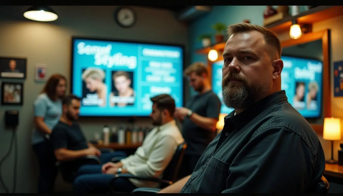 A modern barbershop with eclectic decor and diverse clientele waiting for haircuts. A modern barbershop with eclectic decor and diverse clientele waiting for haircuts.