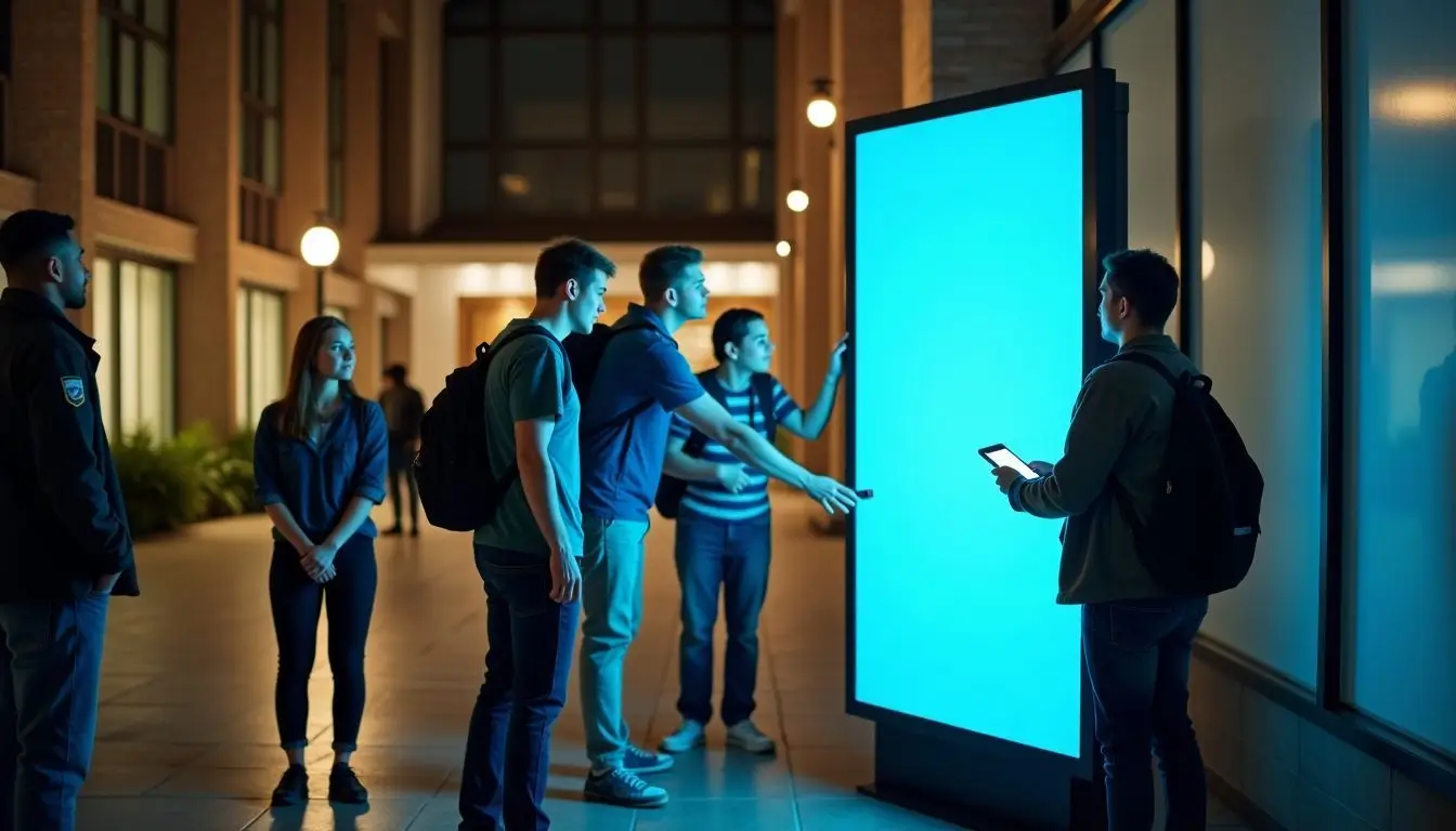 College students setting up digital signage with security guards monitoring. College students setting up digital signage with security guards monitoring.