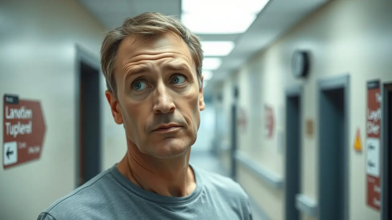 A middle-aged man appears lost in a hospital corridor. A middle-aged man appears lost in a hospital corridor.