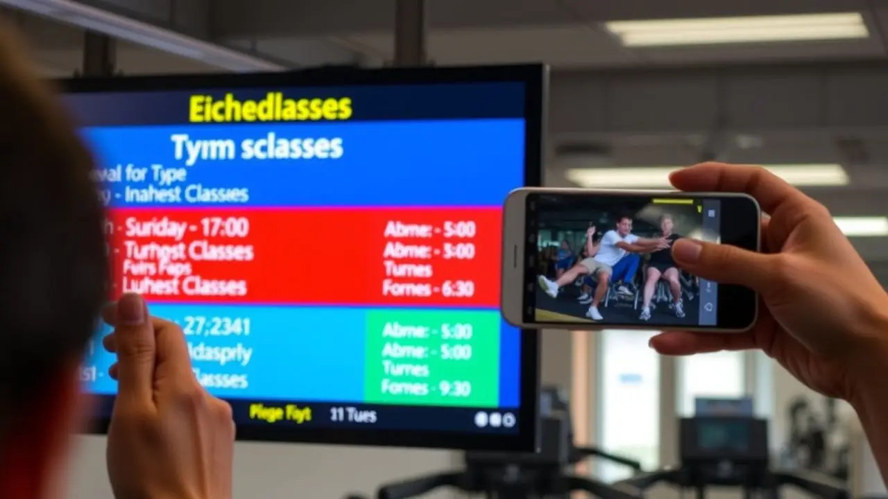 A gym digital sign displays colorful schedules for exercise classes.