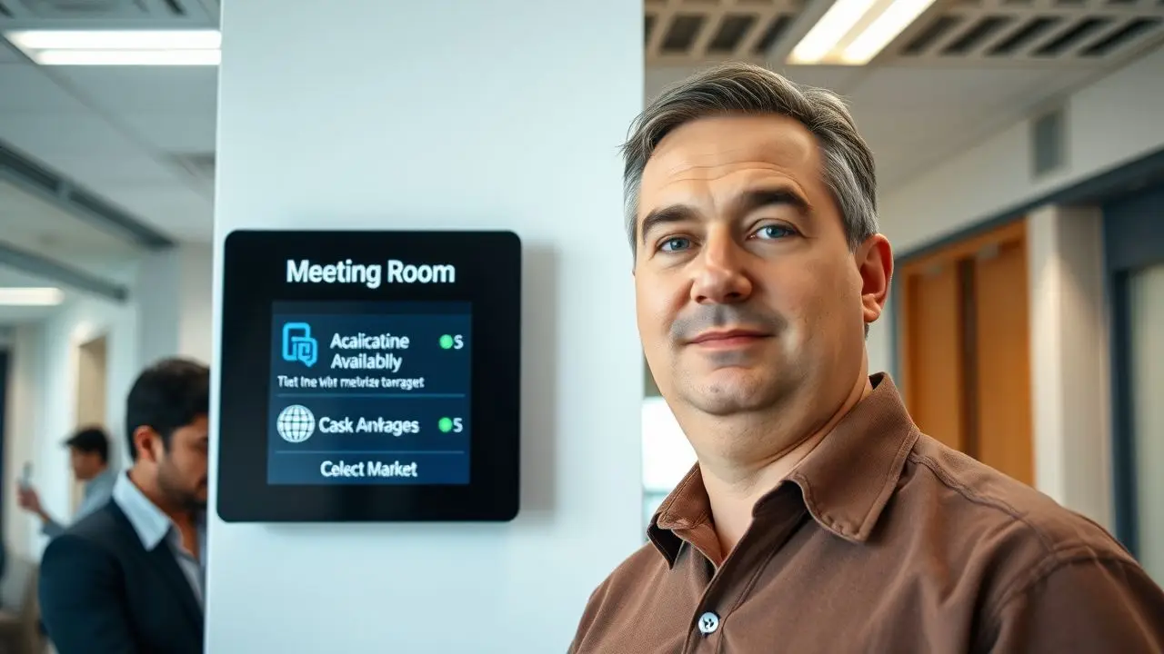 A team member stands next to a digital meeting room sign in an office. A team member stands next to a digital meeting room sign in an office.
