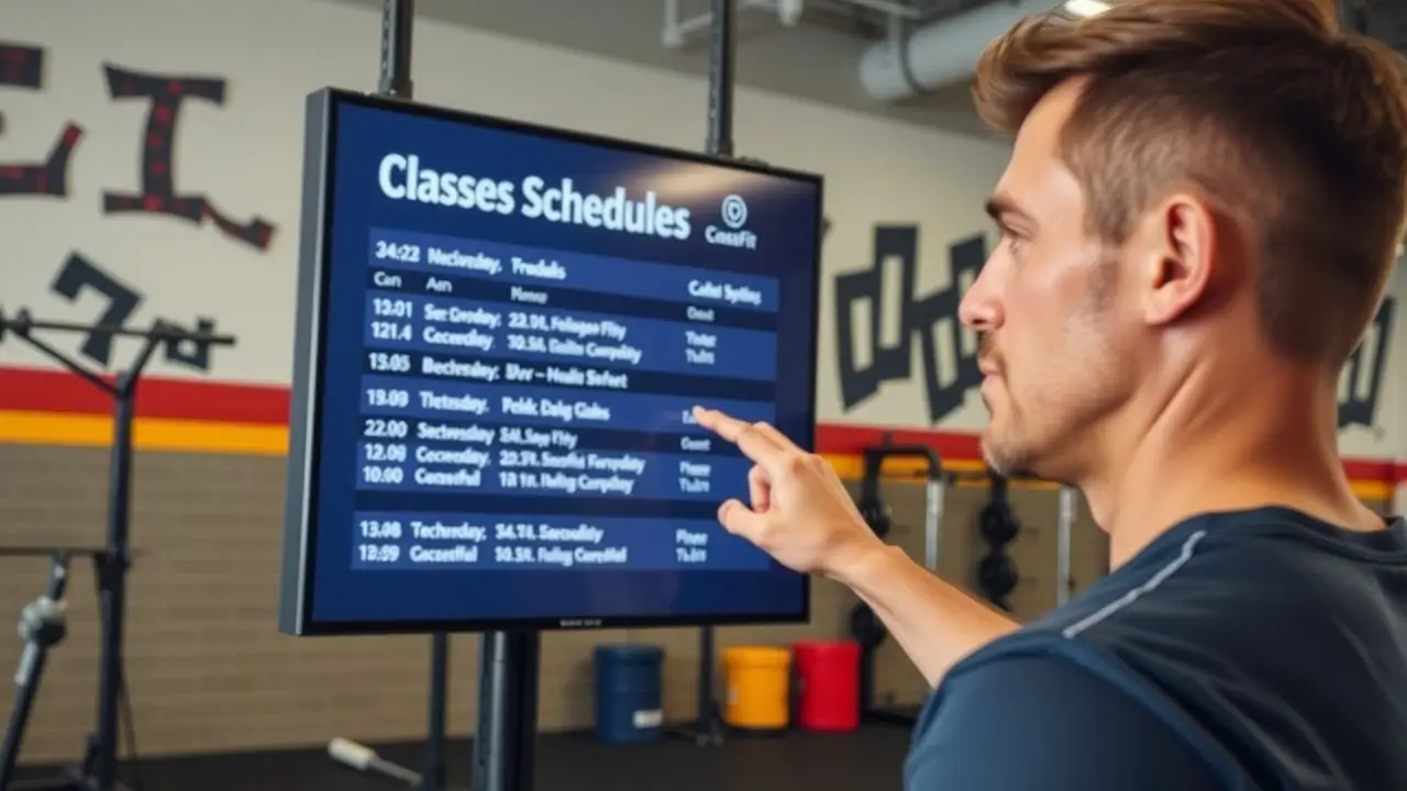 A digital screen in a CrossFit gym displays class schedules and updates. A digital screen in a CrossFit gym displays class schedules and updates.