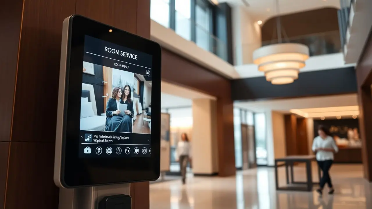 A digital signage screen in a hotel lobby displays room service menu and wayfinding system.