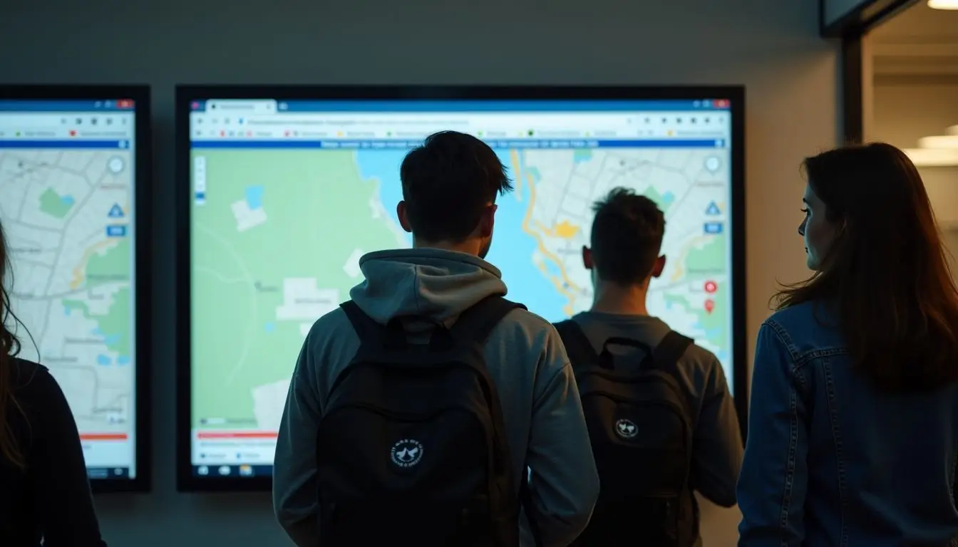 Students using digital campus maps and emergency alerts on screens at university. Students using digital campus maps and emergency alerts on screens at university.