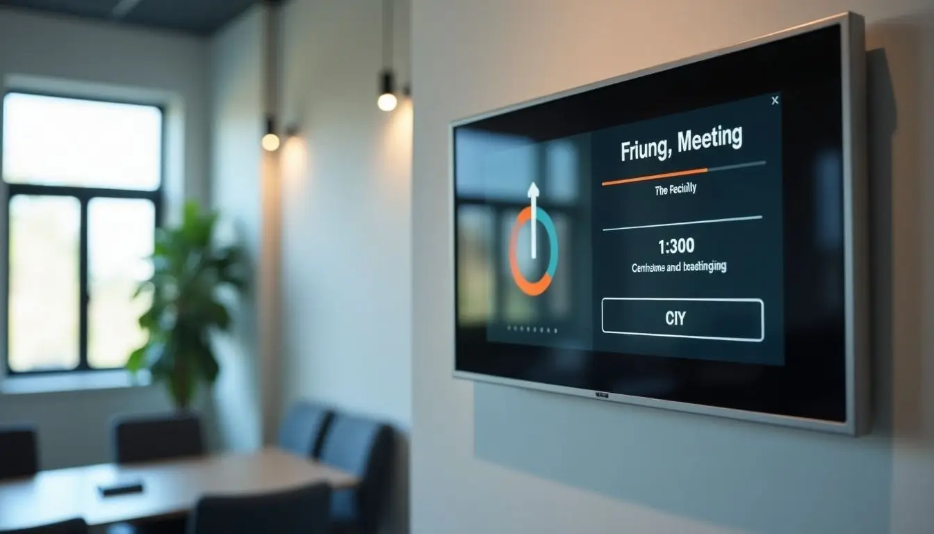 A modern meeting room with digital schedule display promotes workplace efficiency. A modern meeting room with digital schedule display promotes workplace efficiency.