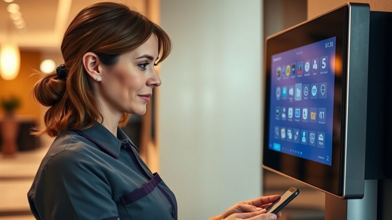 A hotel staff member assisting guests using digital signage in the lobby.