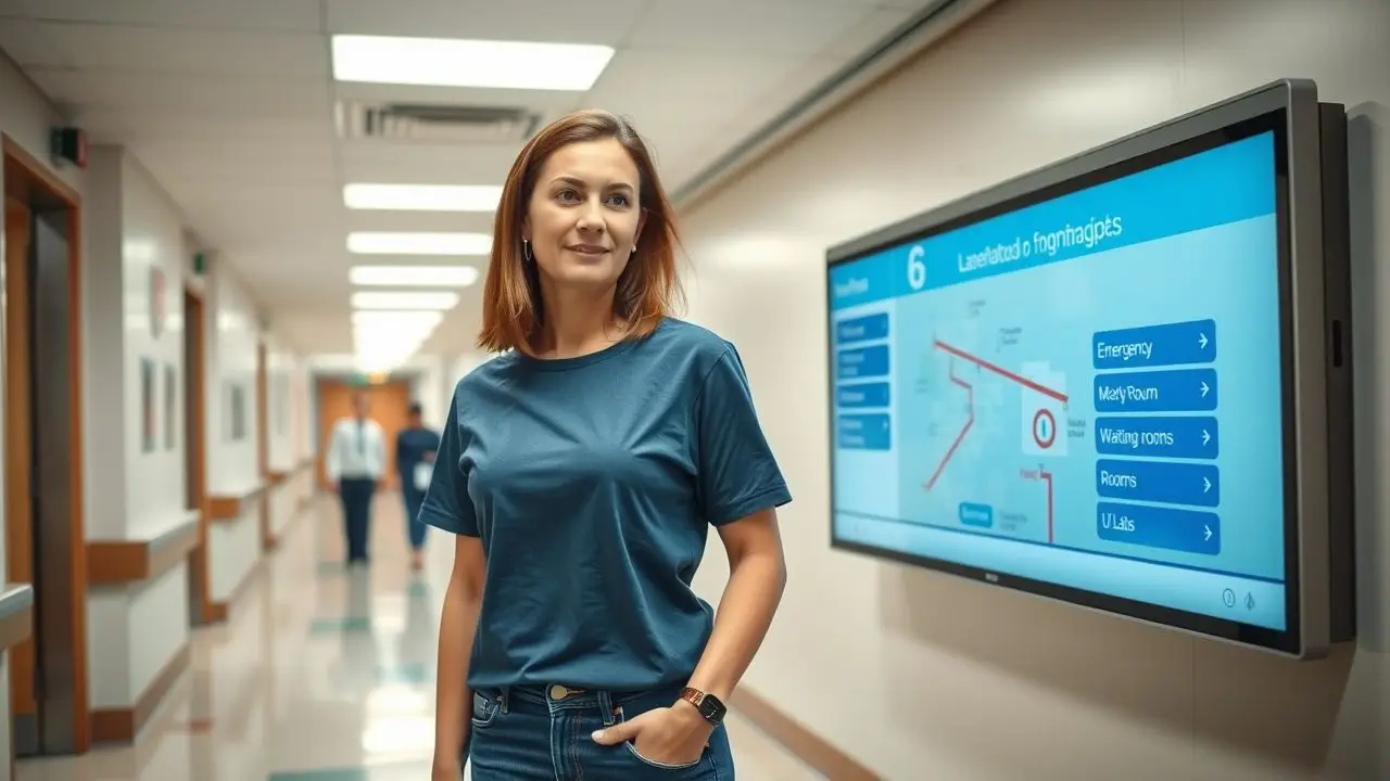A woman in a hospital hallway looking at digital wayfinding display. A woman in a hospital hallway looking at digital wayfinding display.